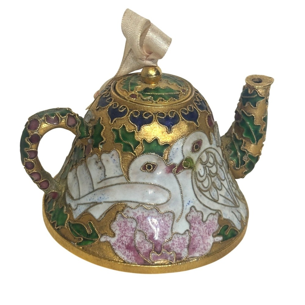 Vintage Cloisonne Enamel Teapot Ornament White Doves Pink Floral Gold Tone 3in